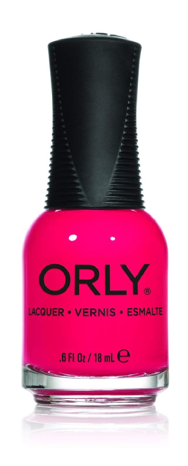 Orly nail lacquer bottle in a bright pinkish-red creme with a black ribbed cap