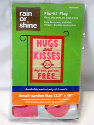 Packaged flip-it garden flag reading Hugs and Kisses, 25 cents, buy one get one free