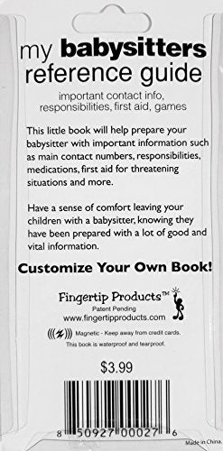Back of the babysitter guide card describing contents, waterproof and tear-proof pages