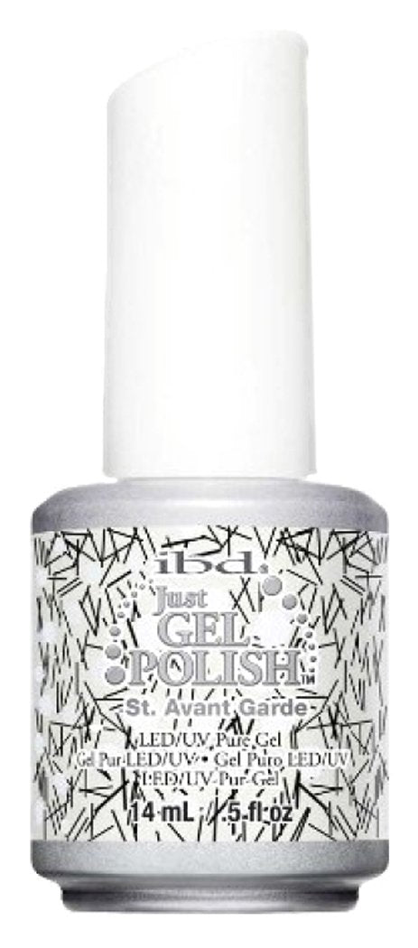Bottle of clear gel polish with black and white slivers of glitter, white cap