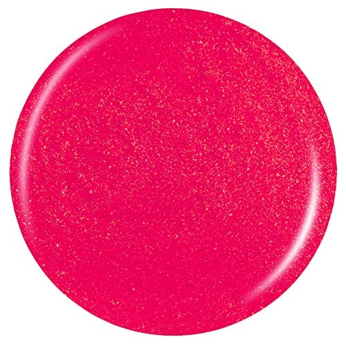 Close-up round swatch of raspberry pink polish with fine gold sparkle