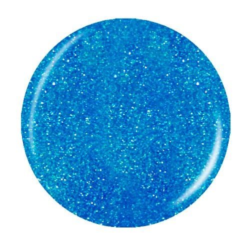 Round swatch of bright blue polish with teal sparkle