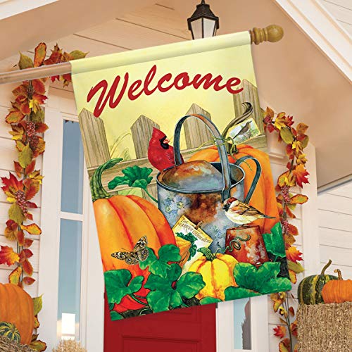 Cardinal and pumpkins Welcome flag hanging on a porch decorated with autumn garland