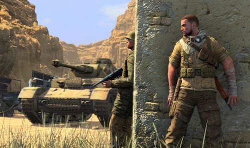 Gameplay scene of the soldier hiding behind a wall as a tank and enemy pass by