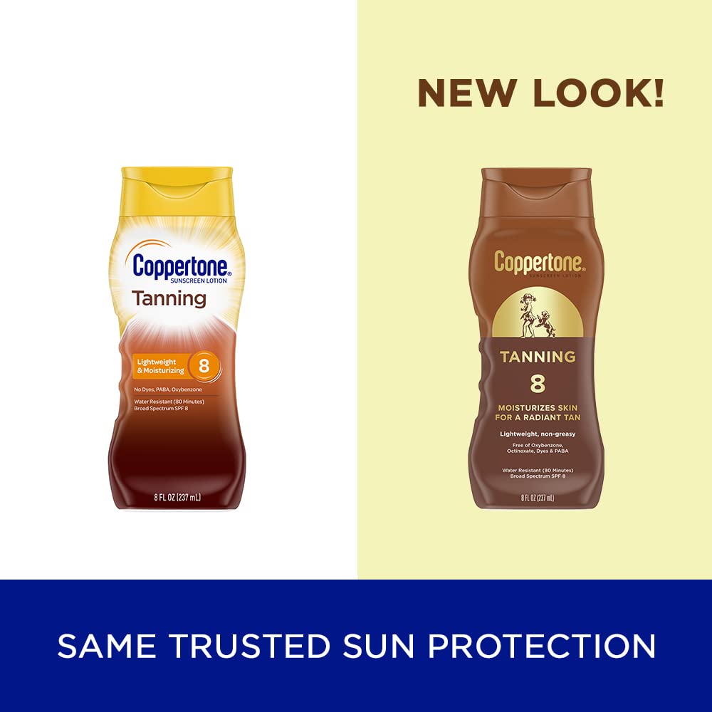 Old yellow and orange tanning lotion bottle beside the new brown bottle design