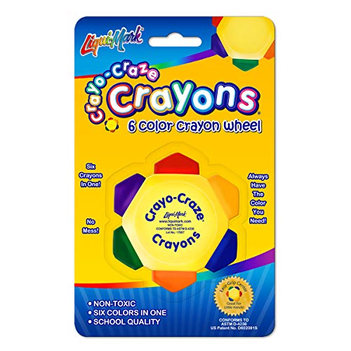 Carded flower-shaped crayon wheel with six colours around a yellow centre