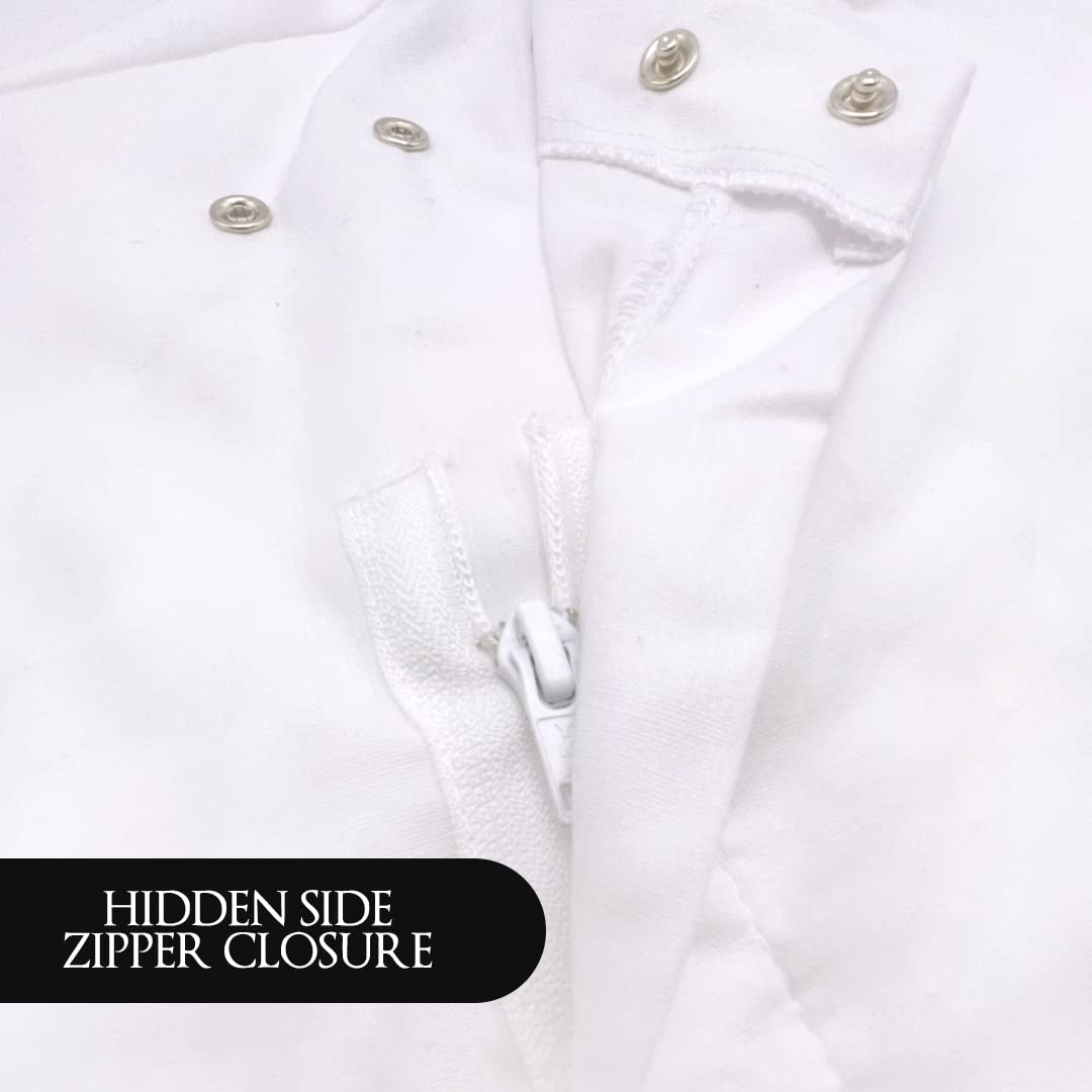 Close-up of the hidden side zipper and silver snaps on the white jacket