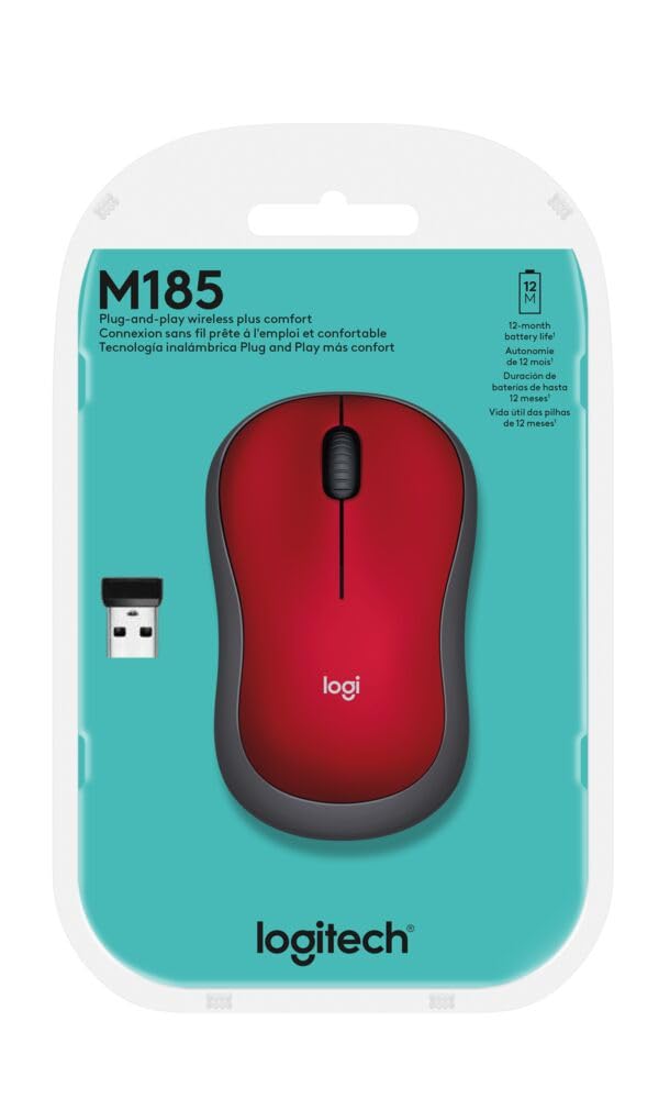 Red wireless mouse and nano USB receiver in a teal retail blister pack