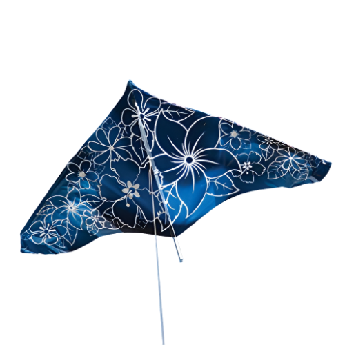 Navy blue delta kite printed with white outlined hibiscus flowers