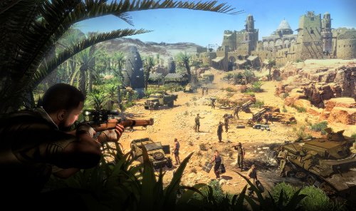 Gameplay scene of a sniper in palm leaves overlooking an enemy camp and fortress