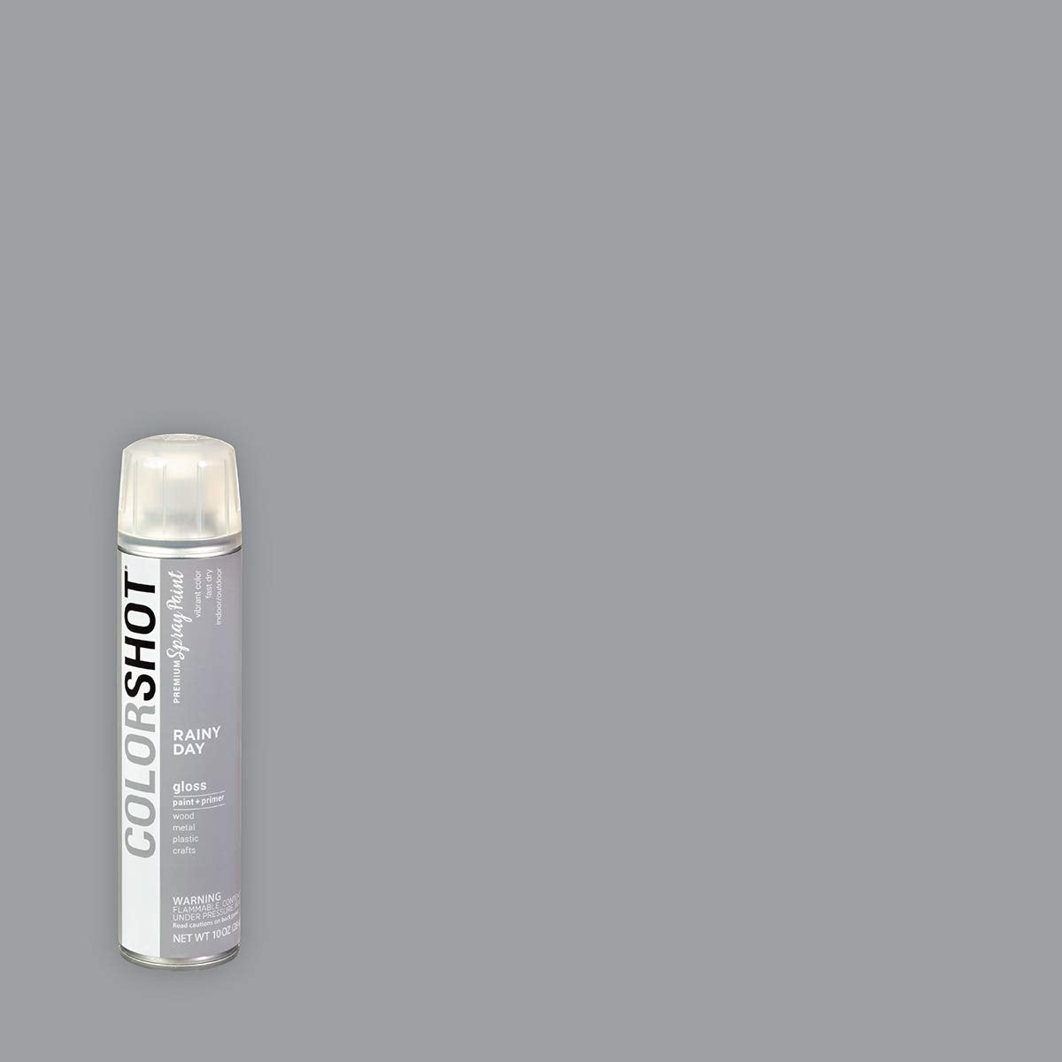 Rainy Day spray paint can on a solid swatch of its cool grey colour