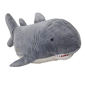 Grey shark plush pillow with a white belly, gill lines and a toothy grin