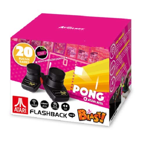 Pink box of a plug-in retro game stick with two paddle controllers and 20 built-in games