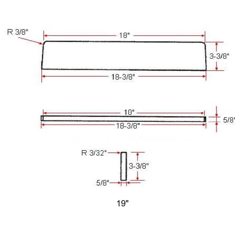 Drawing of the side splash: 18 to 18-3/8 inches long, 3-3/8 inches tall, 5/8 inch thick