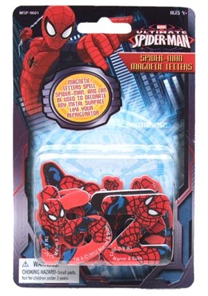 Ultimate Spider-Man magnetic letters pack spelling Spider-Man, on a blister card