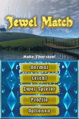Jewel Match title screen with gold menu buttons over a castle and wooden bridge