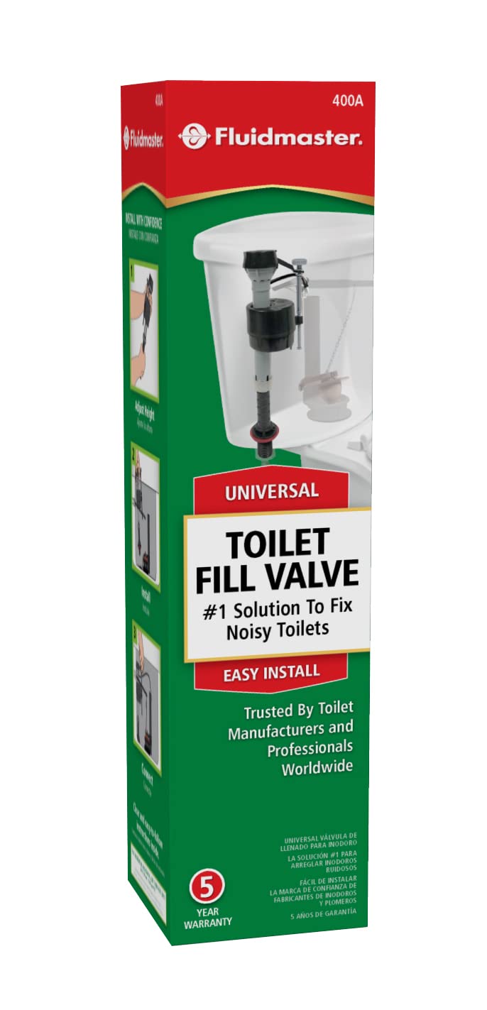 Red and green box for the universal toilet fill valve, 5 year warranty