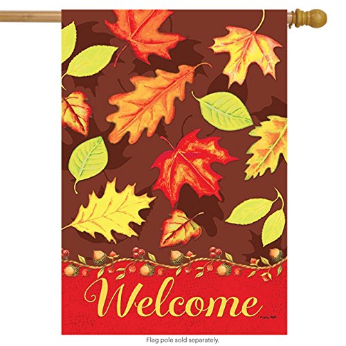 Brown house flag with falling red, orange and green leaves above a red Welcome band