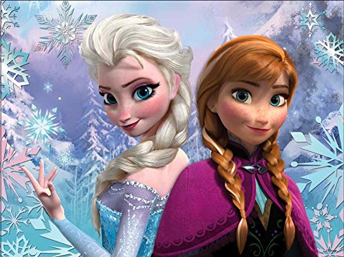 Finished puzzle scene with Elsa with a white braid and Anna in a purple cape among snowflakes