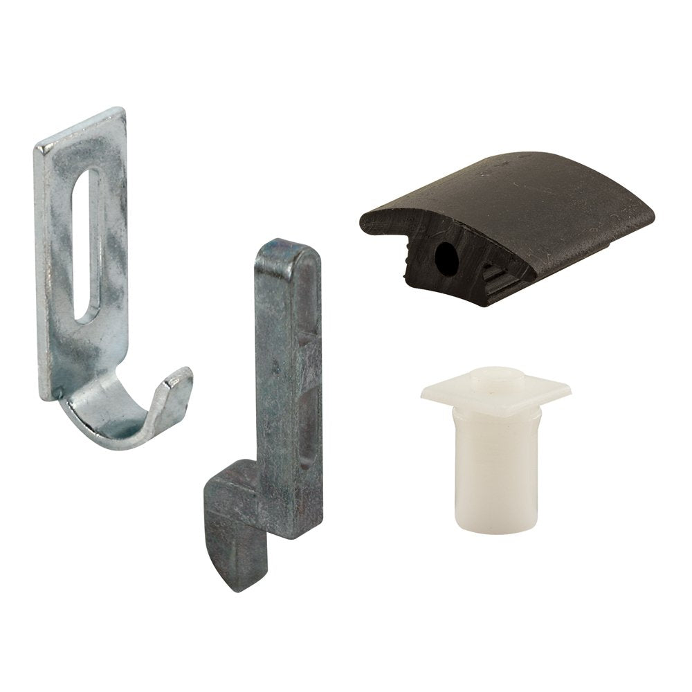 Screen door kit parts: steel strike, latch hook, black guide and white nylon plug