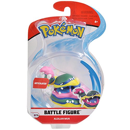 Alolan Muk battle figure in its blister card with an Articulated badge