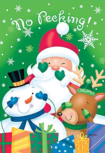 Flat view of the No Peeking flag with Santa, snowman, reindeer and wrapped presents