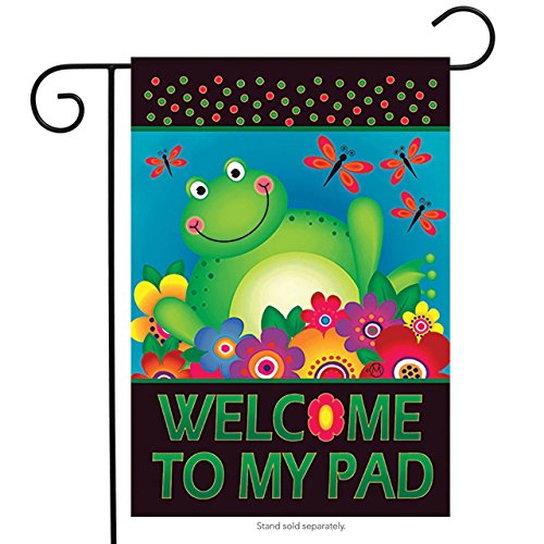 Garden flag with a smiling green frog among bright flowers and dragonflies, Welcome to My Pad, on a stand