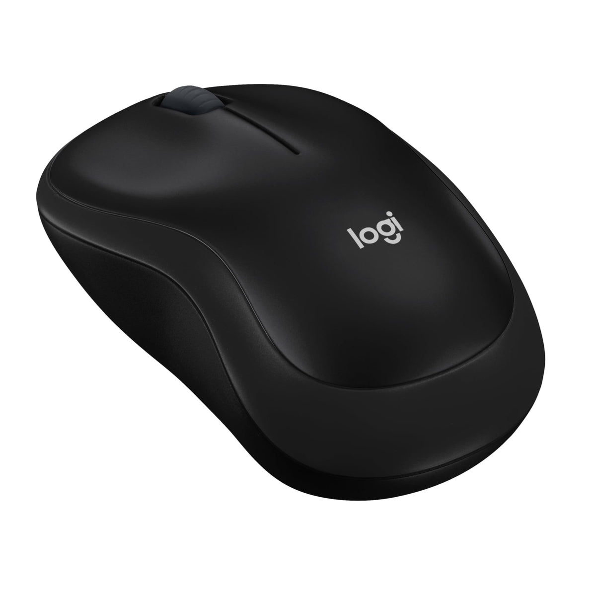 Matte black compact wireless mouse with a grey scroll wheel, angled view