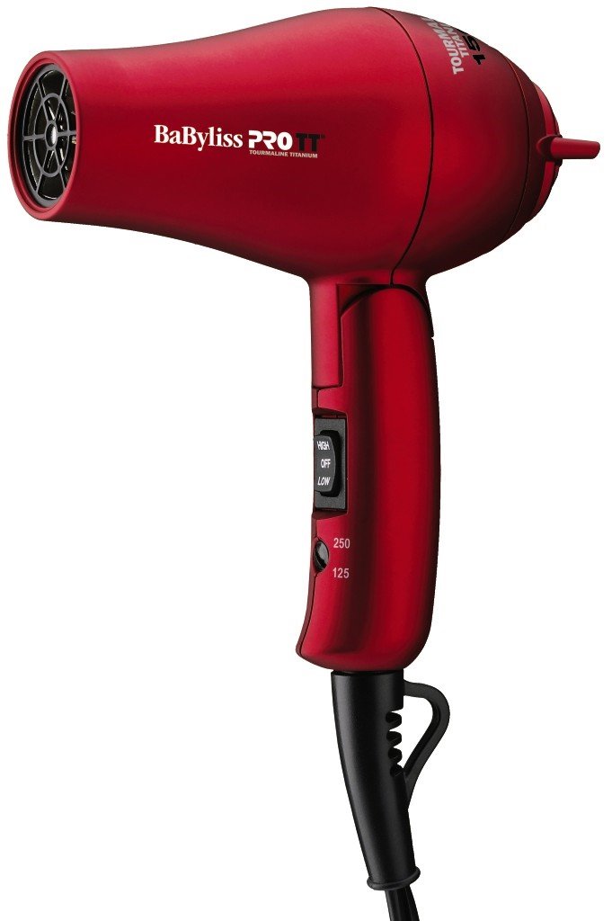 Matte red compact dryer with high, off, low switch and 125/250 voltage selector
