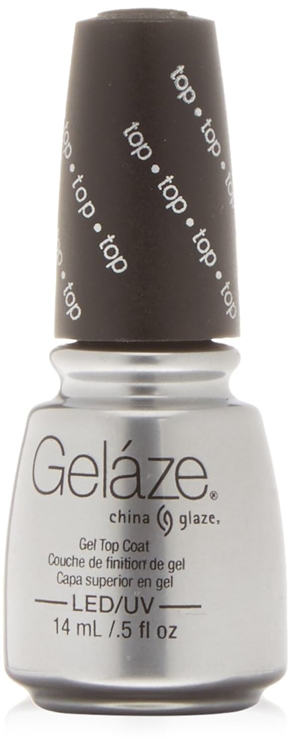 Silver bottle of LED/UV gel top coat with a black cap printed top, 14 ml