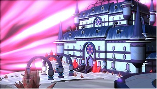 In-game scene of a blue and purple castle with spires under a streaking pink sky