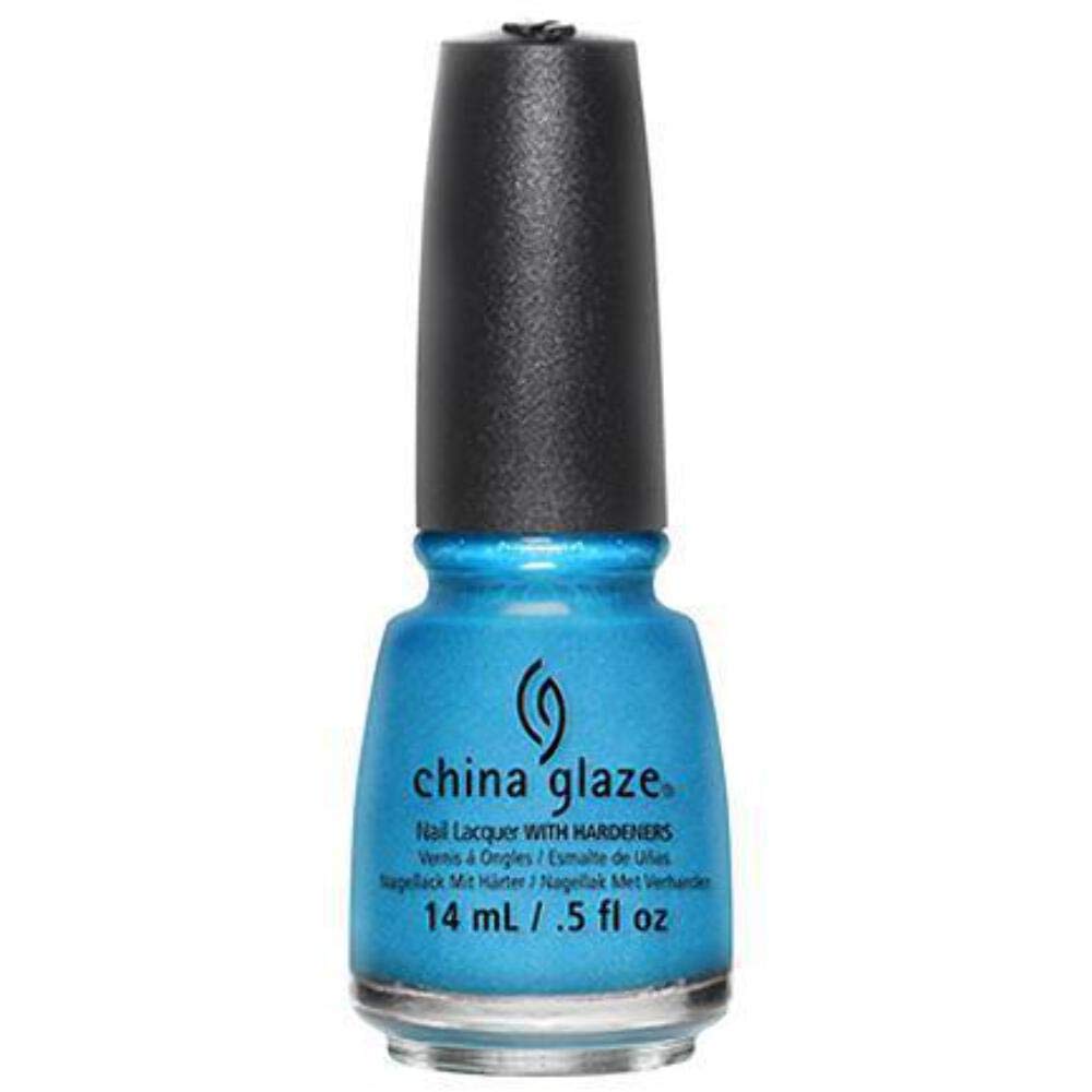 Bottle of bright shimmery sky blue nail lacquer with a black cap, 14 ml