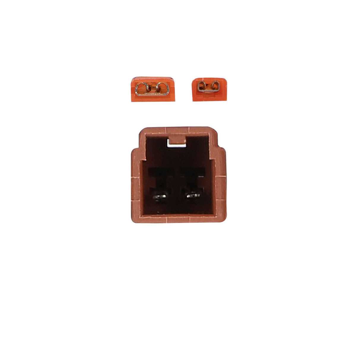End view of brown two-pin speaker plug and red spade connectors