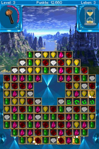 Level 3 gem board below a mountain valley with a castle on the right