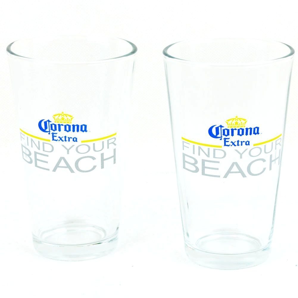 Two clear pint glasses printed with Corona Extra and Find Your Beach in blue and grey