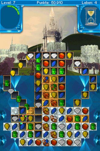Level 7 gem board with a white stone castle tower on a green hill behind