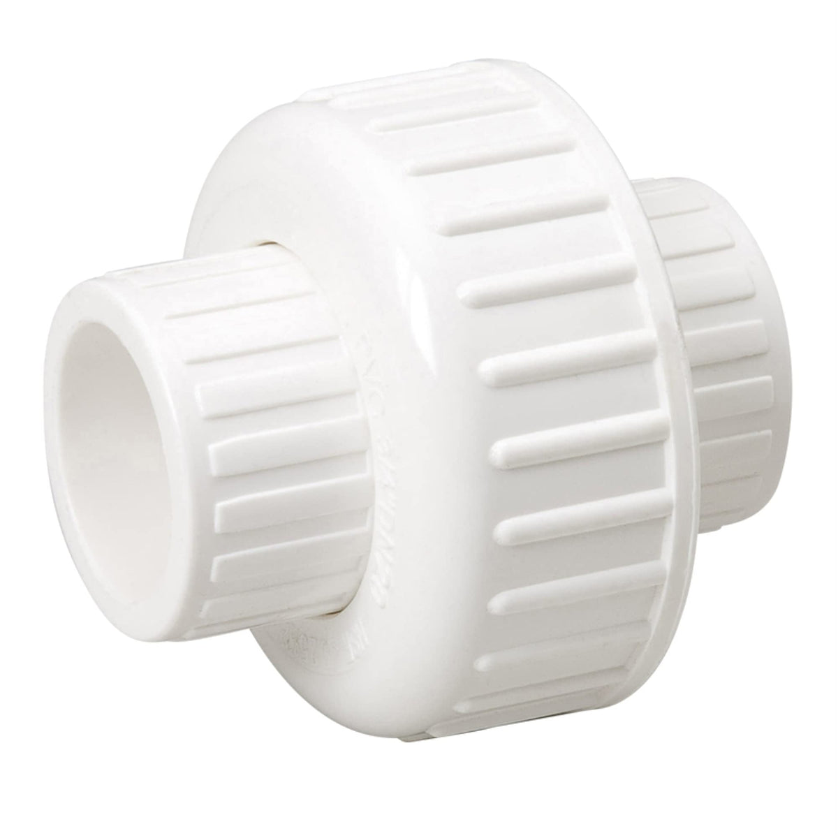 Bright white PVC union with a ribbed coupling nut and two solvent ends