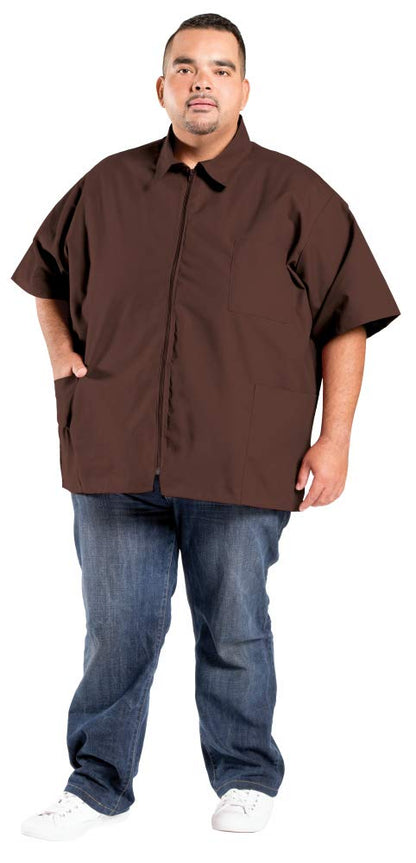 A Size Above Big & Tall Barber Jacket, Cut for Fuller Figures, Short Sleeve with Zipper Front, Left Breast Pocket Plus Two Lower Pockets, Lightweight, Water Resistant Nylon/Poly, Chocolate Brown, 4X