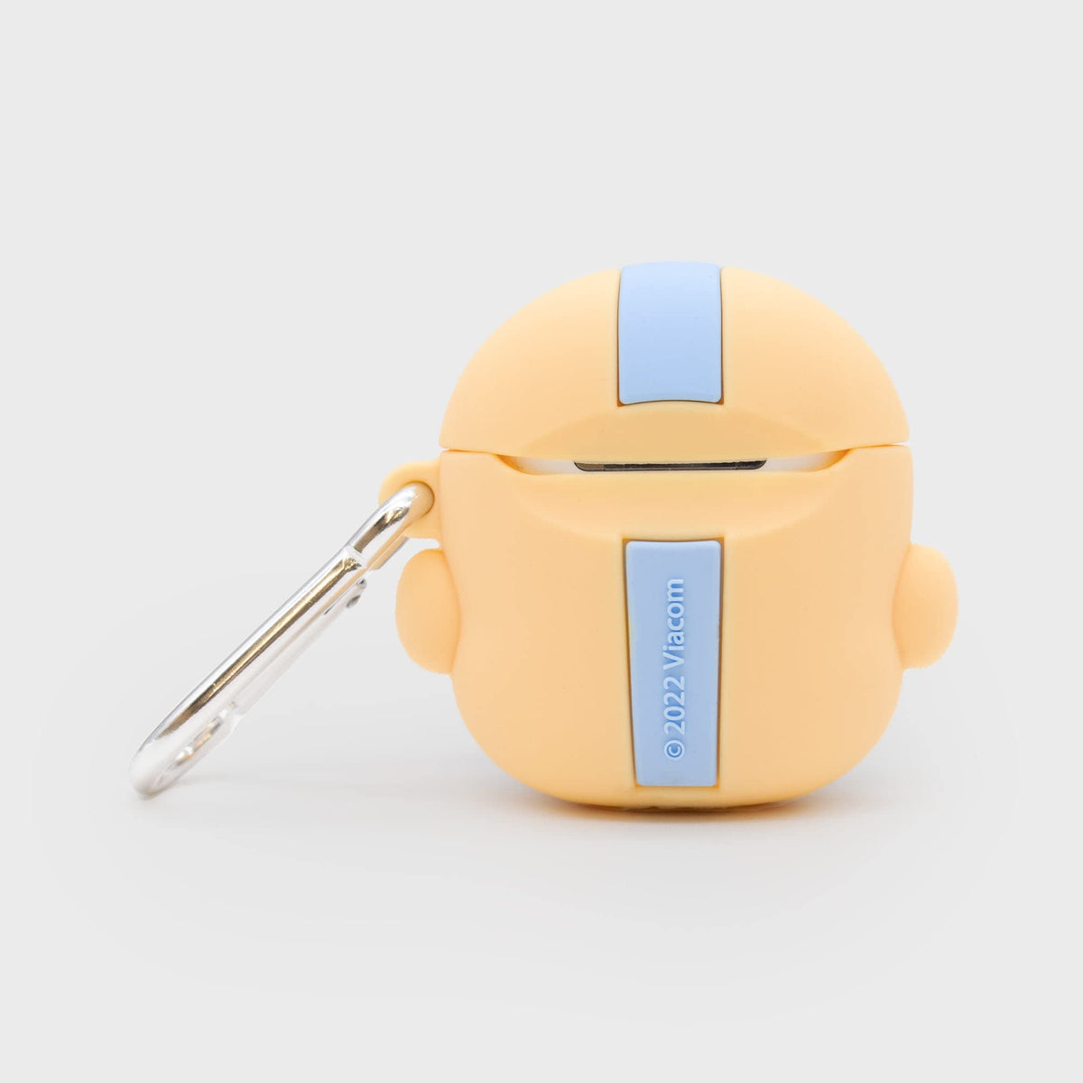 Back of the peach Aang AirPods case showing the charging port and blue stripe
