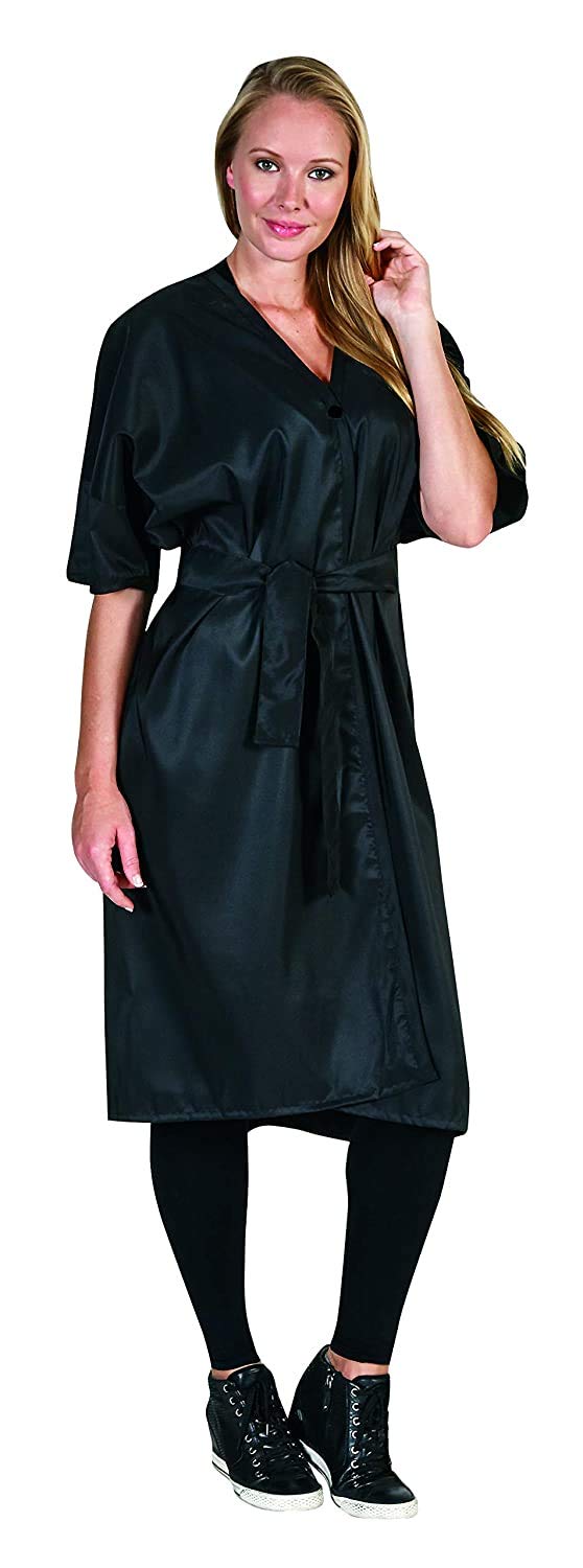 Blonde woman wearing a knee-length black client wrap with a tie belt and wide sleeves
