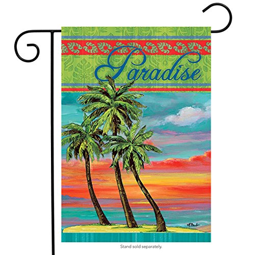 Garden flag with three palm trees against an orange sunset sky and Paradise script, on a stand