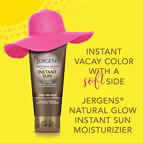 Deep bronze tanning tube wearing a pink sun hat beside instant vacay colour text