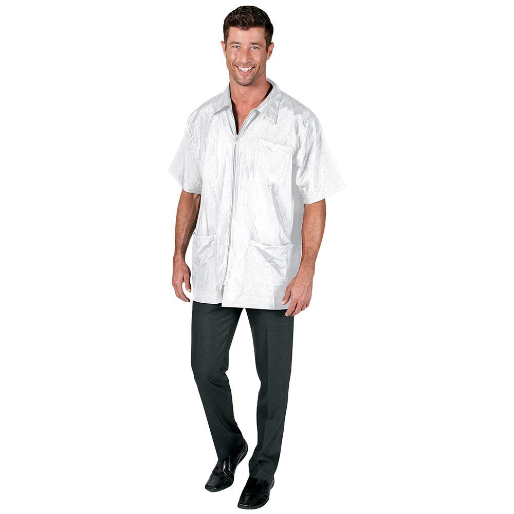 Man wearing a white crinkle nylon zip-front barber jacket with three pockets