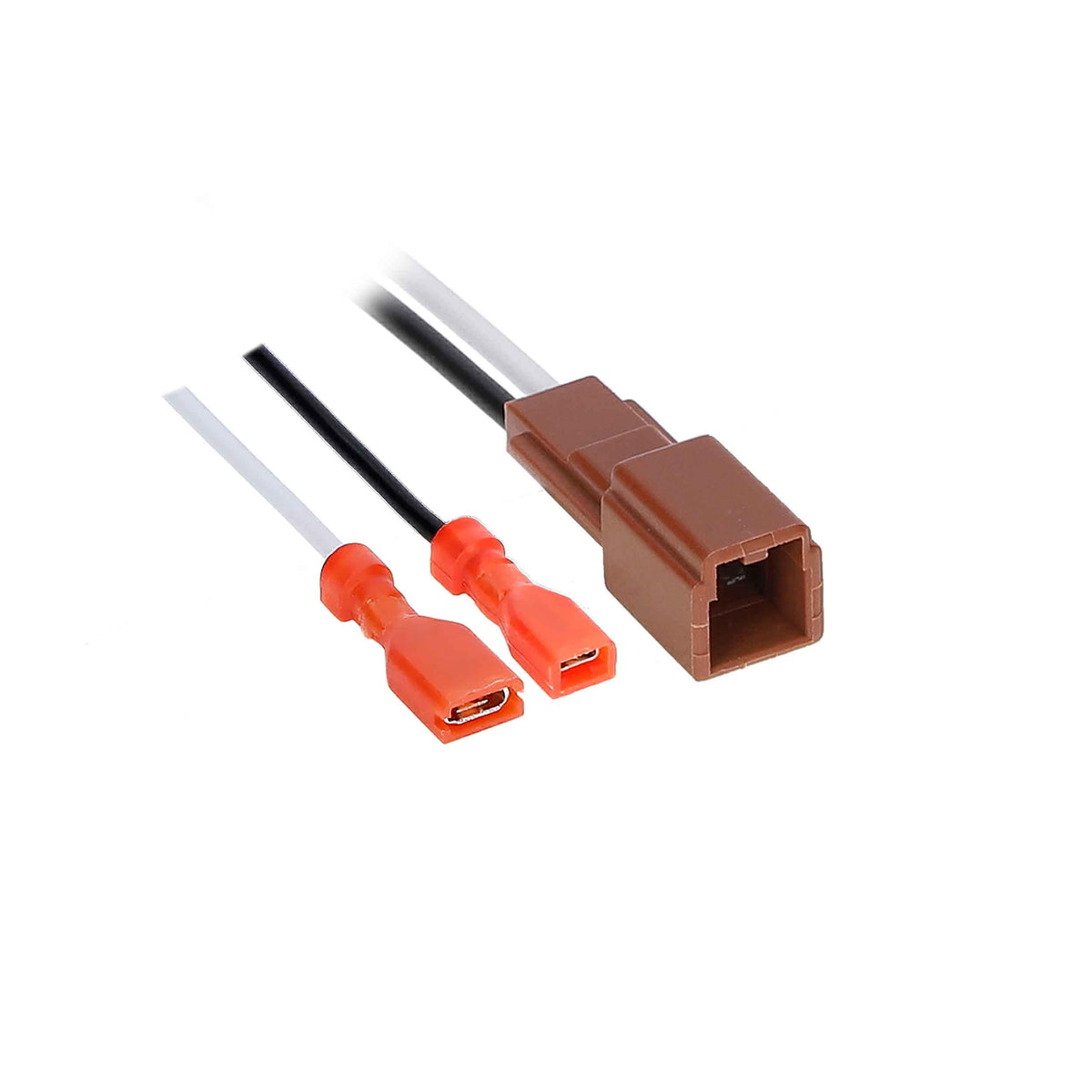 Metra speaker wire adapter with brown factory plug and red female spade terminals