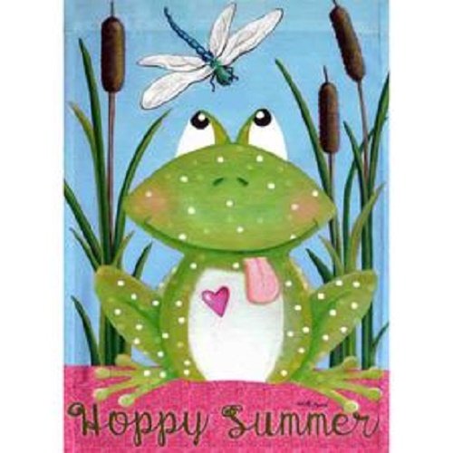Garden flag with a green spotted frog among cattails, a dragonfly and Hoppy Summer