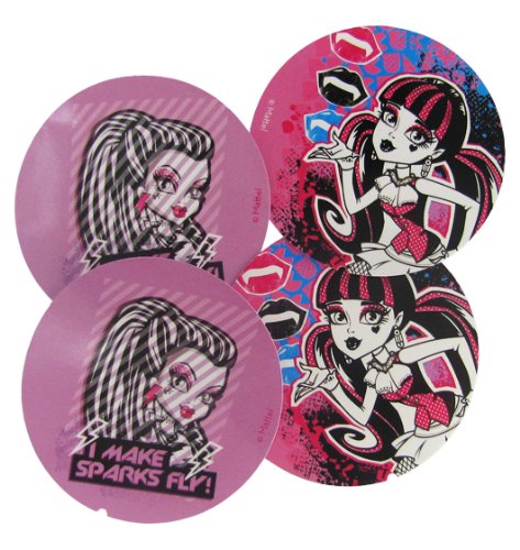 Four round Monster High ear cup stickers featuring Frankie Stein and Draculaura