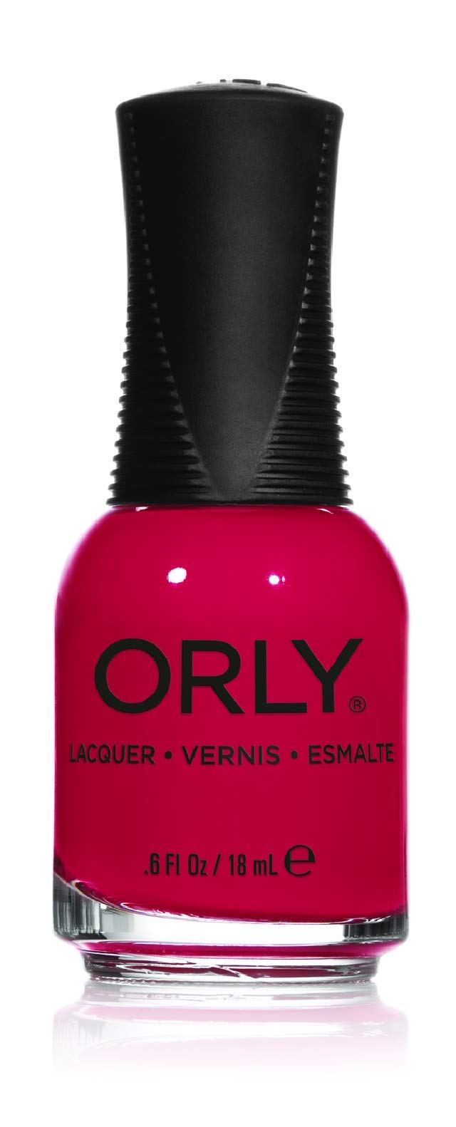 Bottle of bright classic red creme nail lacquer with a ribbed cap