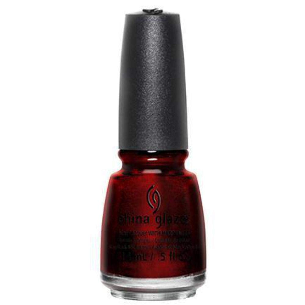 Bottle of deep blood red shimmer nail lacquer with a black cap