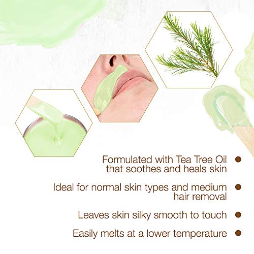 Green creme wax on a spatula and upper lip, with tea tree leaves and benefit list