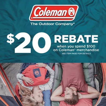 Coleman rebate advert with two people lying in a tent in sleeping bags